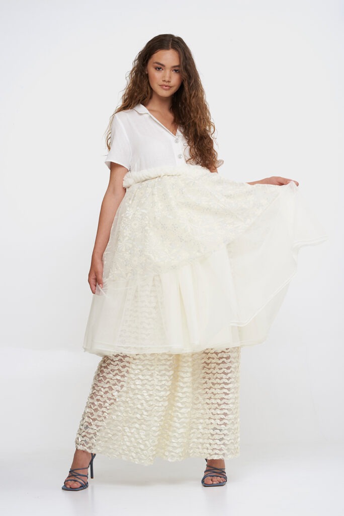 Tied Ends upcycled fashion photography - model presenting sustainable clothing with beautiful styling